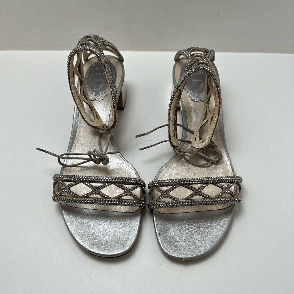 Rene Caovilla Women's Silver Leather Ankle Strap Sandals Size 36 Made In Italy